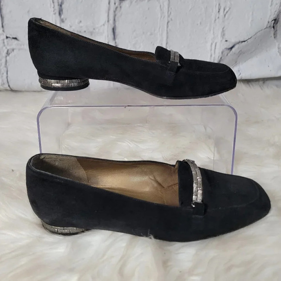 Stuart WEITZMAN Womens Black Embellished‎ Suede Loafers Shoes Career Square Toe - Picture 1 of 12